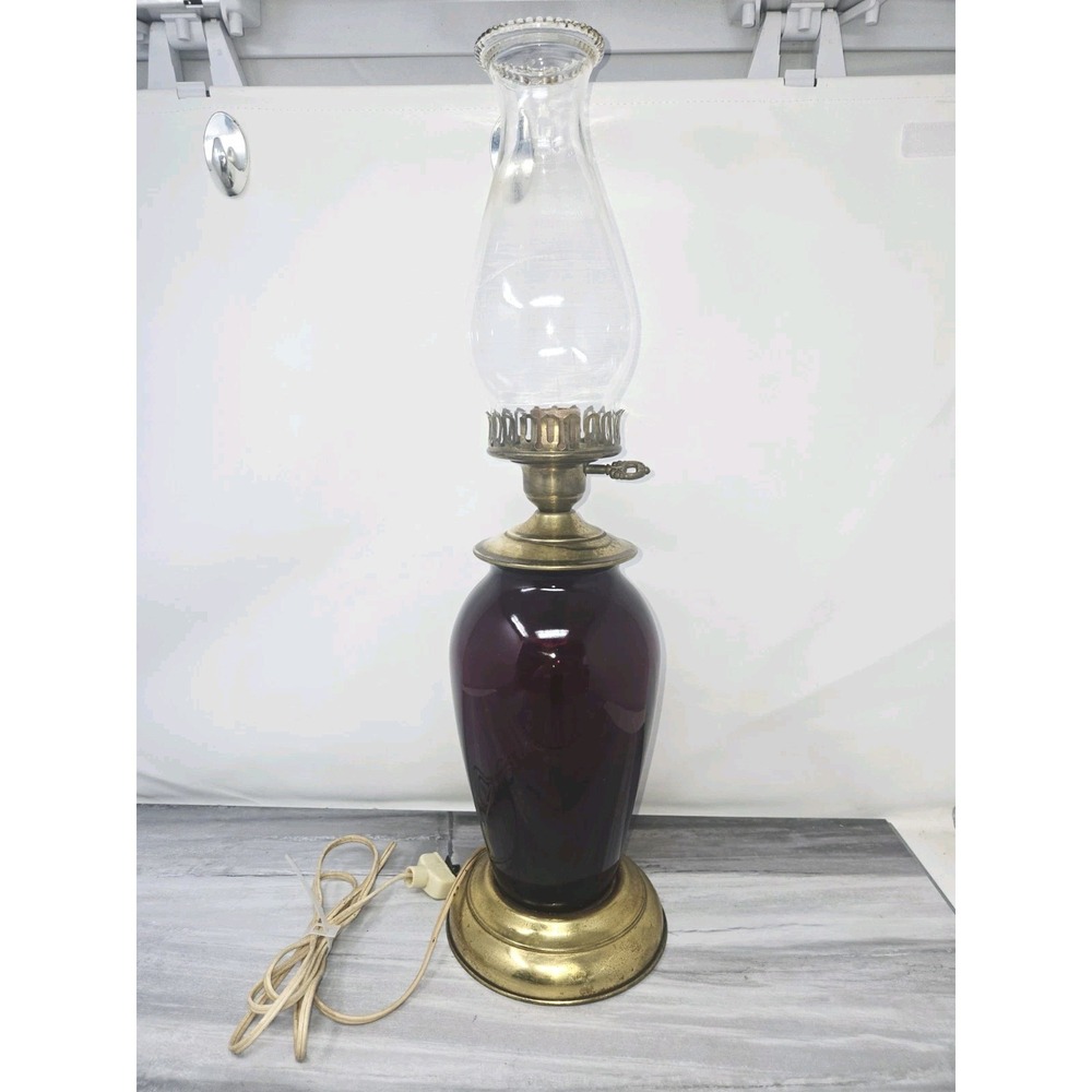 Vtg Ruby Red Cranberry Glass‎ Table Lamp w/ Brass Details 14"H